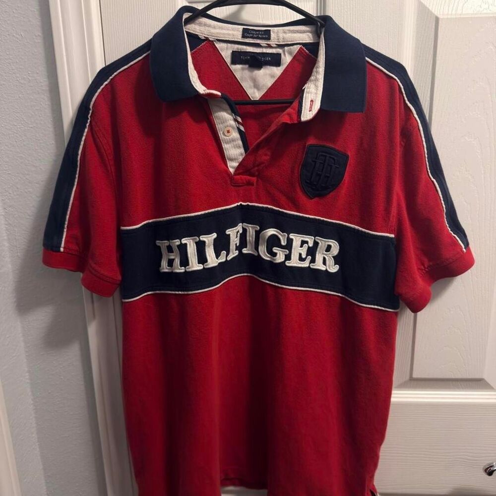 (2014) Tommy Hilfiger Colorblock Varsity Polo - Red/Navy - XL (Fits L)